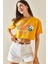 Hardal Baskılı Bisiklet Yaka Crop T-Shirt 5YXK1-48564-37 5