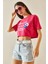 Fuşya Baskılı Bisiklet Yaka Crop T-Shirt 5YXK1-48564-07 1