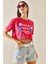 Fuşya Baskılı Bisiklet Yaka Crop T-Shirt 5YXK1-48564-07 2