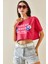 Fuşya Baskılı Bisiklet Yaka Crop T-Shirt 5YXK1-48564-07 3