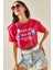 Fuşya Baskılı Bisiklet Yaka Crop T-Shirt 5YXK1-48564-07 5