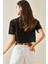 Siyah Baskılı Bisiklet Yaka Crop T-Shirt 5YXK1-48564-02 5
