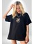 Red Cloud Kedi Hintli Siyah Oversize Kadın Erkek Ön Orta Minimal Baskılı T-Shirt 2