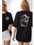 Pilot Çeketli Deri Şapkalı Cool Kedi Siyah Oversize Kadın Erkek Ön ve Sırt Baskılı T-Shirt 1