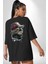 Pilot Çeketli Deri Şapkalı Cool Kedi Siyah Oversize Kadın Erkek Ön ve Sırt Baskılı T-Shirt 3
