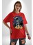 Gitar Astronot Müzik Uzay Pamuklu Bisiklet Yaka Kadın Erkek Oversize Boyfriend Dijital Baskılı Kırmızı T-Shirt 2