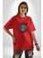 Kırmızı Şapka Maymun Pamuklu Bisiklet Yaka Kadın Erkek Oversize Boyfriend Dijital Baskılı Kırmızı T-Shirt 2
