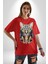 Kulaklık Kedi Pamuklu Bisiklet Yaka Kadın Erkek Oversize Boyfriend Dijital Baskılı Kırmızı T-Shirt 4