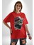 Pilot Çeketli Deri Şapkalı Cool Kedi Pamuklu Bisiklet Yaka Kadın Erkek Oversize Boyfriend Dijital Baskılı Kırmızı T-Shirt 2