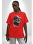 Pilot Çeketli Deri Şapkalı Cool Kedi Pamuklu Bisiklet Yaka Kadın Erkek Oversize Boyfriend Dijital Baskılı Kırmızı T-Shirt 3