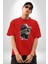 Pilot Çeketli Deri Şapkalı Cool Kedi Pamuklu Bisiklet Yaka Kadın Erkek Oversize Boyfriend Dijital Baskılı Kırmızı T-Shirt 4