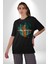 Kaktüs Çita Pamuklu Bisiklet Yaka Kadın Erkek Oversize Boyfriend Dijital Baskılı Siyah T-Shirt 3