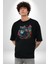 Kulaklık Kedi Müzik Tekir Pamuklu Bisiklet Yaka Kadın Erkek Oversize Boyfriend Dijital Baskılı Siyah T-Shirt 1