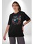 Kulaklık Kedi Müzik Tekir Pamuklu Bisiklet Yaka Kadın Erkek Oversize Boyfriend Dijital Baskılı Siyah T-Shirt 3