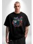 Kulaklık Kedi Müzik Tekir Pamuklu Bisiklet Yaka Kadın Erkek Oversize Boyfriend Dijital Baskılı Siyah T-Shirt 4