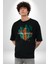 Kaktüs Çita Pamuklu Bisiklet Yaka Kadın Erkek Oversize Boyfriend Dijital Baskılı Siyah T-Shirt 1