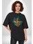 Kaktüs Çita Pamuklu Bisiklet Yaka Kadın Erkek Oversize Boyfriend Dijital Baskılı Siyah T-Shirt 2