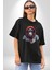 Kırmızı Gözlük Çeket Maymun Pamuklu Bisiklet Yaka Kadın Erkek Oversize Boyfriend Dijital Baskılı Siyah T-Shirt 5