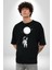 Astronot Ay Balon Pamuklu Bisiklet Yaka Kadın Erkek Oversize Boyfriend Dijital Baskılı Siyah T-Shirt 1