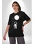 Astronot Ay Balon Pamuklu Bisiklet Yaka Kadın Erkek Oversize Boyfriend Dijital Baskılı Siyah T-Shirt 3