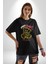 Artık Katlan Pamuklu Bisiklet Yaka Kadın Erkek Oversize Boyfriend Dijital Baskılı Siyah T-Shirt 2