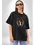 At Kafası Renkli Pamuklu Bisiklet Yaka Kadın Erkek Oversize Boyfriend Dijital Baskılı Siyah T-Shirt 1