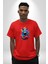 Renkli Kurt Pamuklu Bisiklet Yaka Kadın Erkek Oversize Boyfriend Dijital Baskılı Kırmızı T-Shirt 1