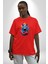 Renkli Kurt Pamuklu Bisiklet Yaka Kadın Erkek Oversize Boyfriend Dijital Baskılı Kırmızı T-Shirt 5