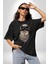 Kasket Bandana Motorcu Kedi Pamuklu Bisiklet Yaka Kadın Erkek Oversize Boyfriend Dijital Baskılı Siyah T-Shirt 1