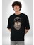 Kasket Bandana Motorcu Kedi Pamuklu Bisiklet Yaka Kadın Erkek Oversize Boyfriend Dijital Baskılı Siyah T-Shirt 3