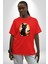 Cadılar Bayramı Kedi Pamuklu Bisiklet Yaka Kadın Erkek Oversize Boyfriend Dijital Baskılı Kırmızı T-Shirt 2