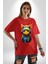 Bandana Kedi Kulaklık Çeket Pamuklu Bisiklet Yaka Kadın Erkek Oversize Boyfriend Dijital Baskılı Kırmızı T-Shirt 1