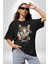 Red Cloud Kedi Hintli Pamuklu Bisiklet Yaka Kadın Erkek Oversize Boyfriend Dijital Baskılı Siyah T-Shirt 4