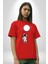 Astronot Ay Balon Pamuklu Bisiklet Yaka Kadın Erkek Oversize Boyfriend Dijital Baskılı Kırmızı T-Shirt 3