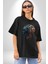 Robot Kafası Kız Pamuklu Bisiklet Yaka Kadın Erkek Oversize Boyfriend Dijital Baskılı Siyah T-Shirt 1