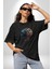 Robot Kafası Kız Pamuklu Bisiklet Yaka Kadın Erkek Oversize Boyfriend Dijital Baskılı Siyah T-Shirt 2