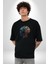 Robot Kafası Kız Pamuklu Bisiklet Yaka Kadın Erkek Oversize Boyfriend Dijital Baskılı Siyah T-Shirt 4