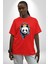 Kulaklık Ayı Panda Pamuklu Bisiklet Yaka Kadın Erkek Oversize Boyfriend Dijital Baskılı Kırmızı T-Shirt 3