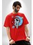 Astronot Uzayda Sıkılmış Pamuklu Bisiklet Yaka Kadın Erkek Oversize Boyfriend Dijital Baskılı Kırmızı T-Shirt 3
