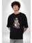 Şapkalı Amerikalı Baykuş Burjuva Baykuş Pamuklu Bisiklet Yaka Kadın Erkek Oversize Boyfriend Dijital Baskılı Siyah T-Shirt 2