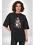 Şapkalı Amerikalı Baykuş Burjuva Baykuş Pamuklu Bisiklet Yaka Kadın Erkek Oversize Boyfriend Dijital Baskılı Siyah T-Shirt 3