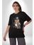 Şapkalı Amerikalı Baykuş Burjuva Baykuş Pamuklu Bisiklet Yaka Kadın Erkek Oversize Boyfriend Dijital Baskılı Siyah T-Shirt 4