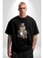 Şapkalı Amerikalı Baykuş Burjuva Baykuş Pamuklu Bisiklet Yaka Kadın Erkek Oversize Boyfriend Dijital Baskılı Siyah T-Shirt 5