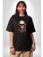 Müzik Kulaklık Takan Kurukafa Kırmızı Gül Pamuklu Bisiklet Yaka Kadın Erkek Oversize Boyfriend Dijital Baskılı Siyah T-Shirt 2