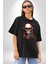 Müzik Kulaklık Takan Kurukafa Kırmızı Gül Pamuklu Bisiklet Yaka Kadın Erkek Oversize Boyfriend Dijital Baskılı Siyah T-Shirt 4