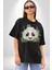 Panda Mandala Pamuklu Bisiklet Yaka Kadın Erkek Oversize Boyfriend Dijital Baskılı Siyah T-Shirt 4