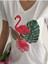 Kadın Yeni Sezon %100 Pamuk Flamingo Yaprak Desenli Işlemeli T-Shirt 2