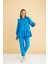 Luxe Fırfırlı ve Taşlı Keten Mavi Tunik Pantolon Takım 1