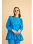 Luxe Fırfırlı ve Taşlı Keten Mavi Tunik Pantolon Takım 2