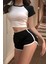 Siyah Raglan Kollu Beyaz Basic Kısa Kollu Crop T-Shirt 1